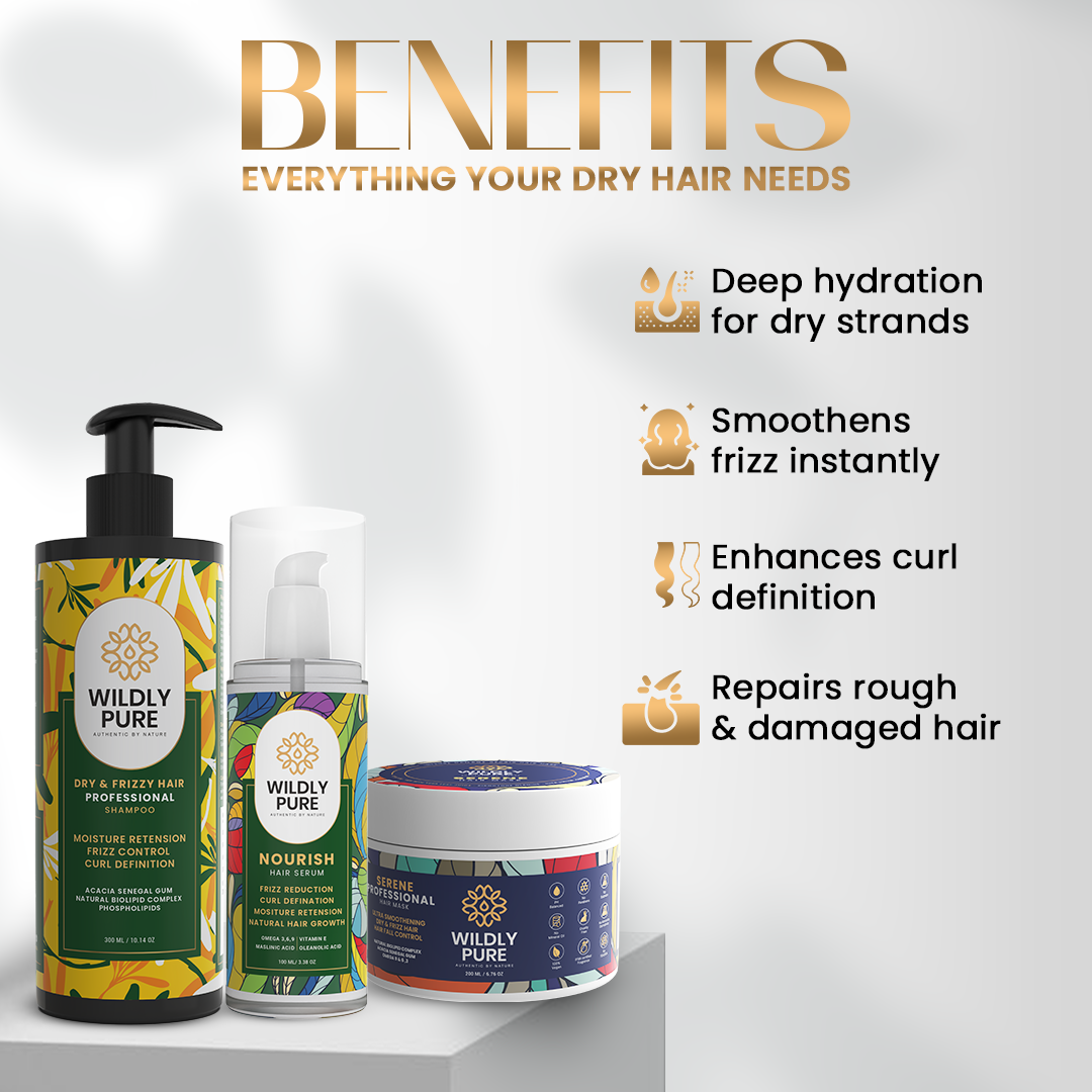 Wildly Pure Ultimate Frizz Rescue Kit | Shampoo and Conditioner for Dry, Frizzy & Curly Hair + Nourish Hair Serum | Curl Defining Hair Care Combo with Hyaluronic Acid