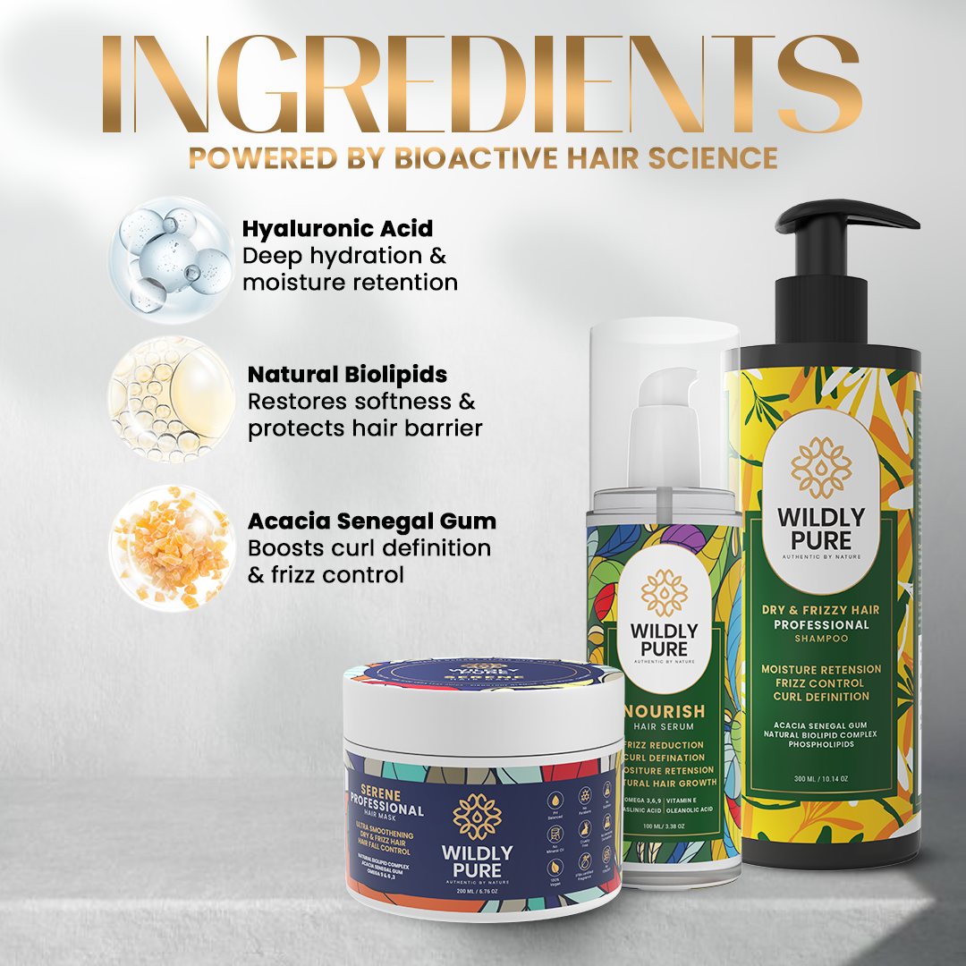 Wildly Pure Ultimate Frizz Rescue Kit | Shampoo and Conditioner for Dry, Frizzy & Curly Hair + Nourish Hair Serum | Curl Defining Hair Care Combo with Hyaluronic Acid