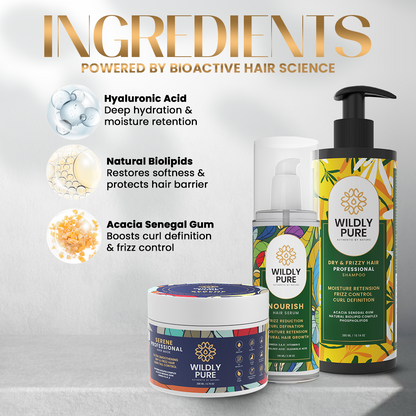Wildly Pure Ultimate Frizz Rescue Kit | Shampoo and Conditioner for Dry, Frizzy & Curly Hair + Nourish Hair Serum | Curl Defining Hair Care Combo with Hyaluronic Acid