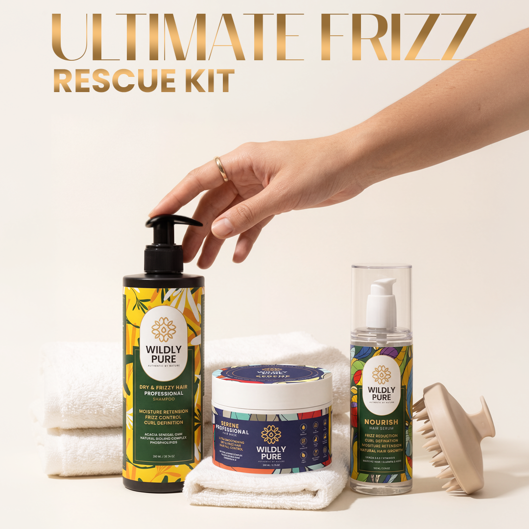 Wildly Pure Ultimate Frizz Rescue Kit | Shampoo and Conditioner for Dry, Frizzy & Curly Hair + Nourish Hair Serum | Curl Defining Hair Care Combo with Hyaluronic Acid