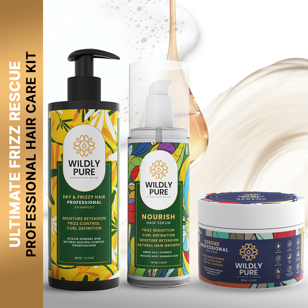 Wildly Pure Ultimate Frizz Rescue Kit | Shampoo and Conditioner for Dry, Frizzy & Curly Hair + Nourish Hair Serum | Curl Defining Hair Care Combo with Hyaluronic Acid