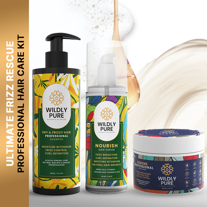 Wildly Pure Ultimate Frizz Rescue Kit | Shampoo and Conditioner for Dry, Frizzy & Curly Hair + Nourish Hair Serum | Curl Defining Hair Care Combo with Hyaluronic Acid